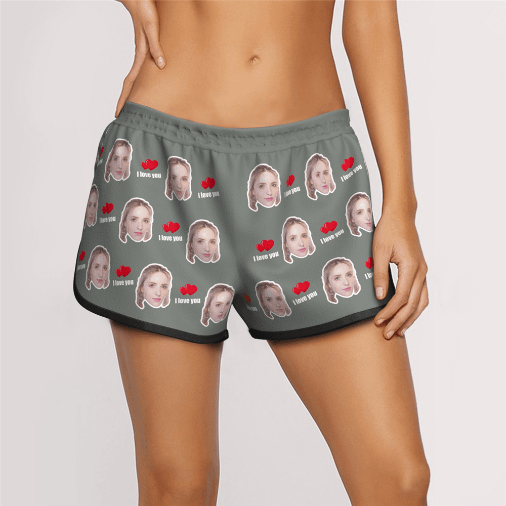 Women's Custom Face Elastic Beach Short Pants - I Love You - MyFaceBoxer