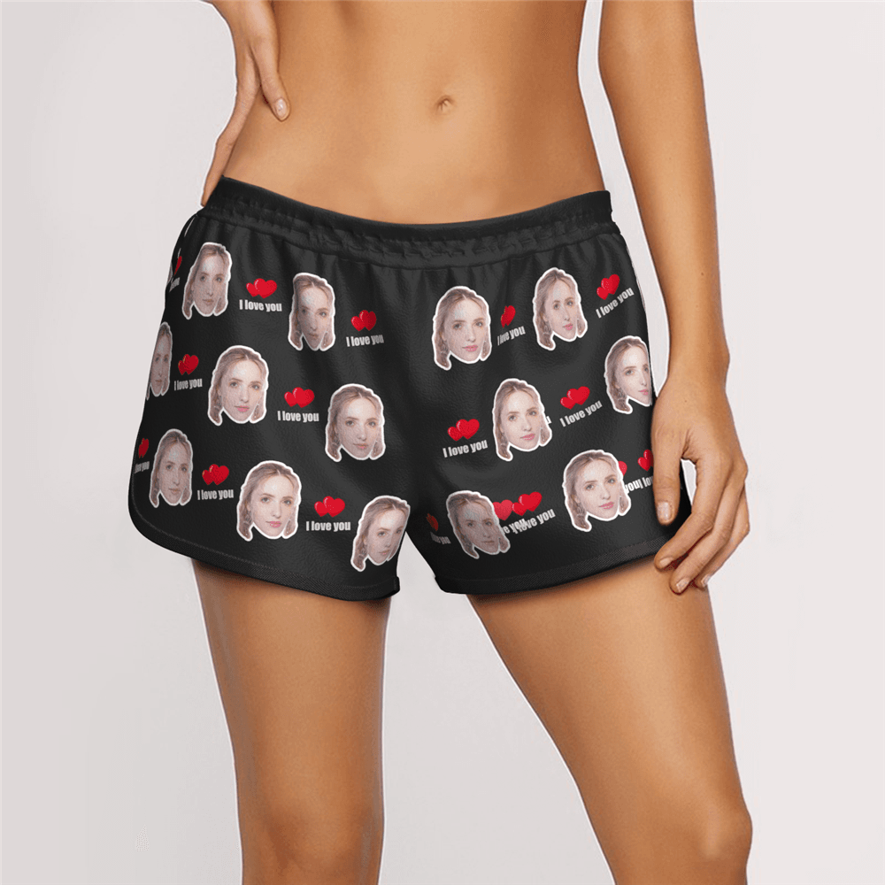 Women's Custom Face Elastic Beach Short Pants - I Love You - MyFaceBoxer