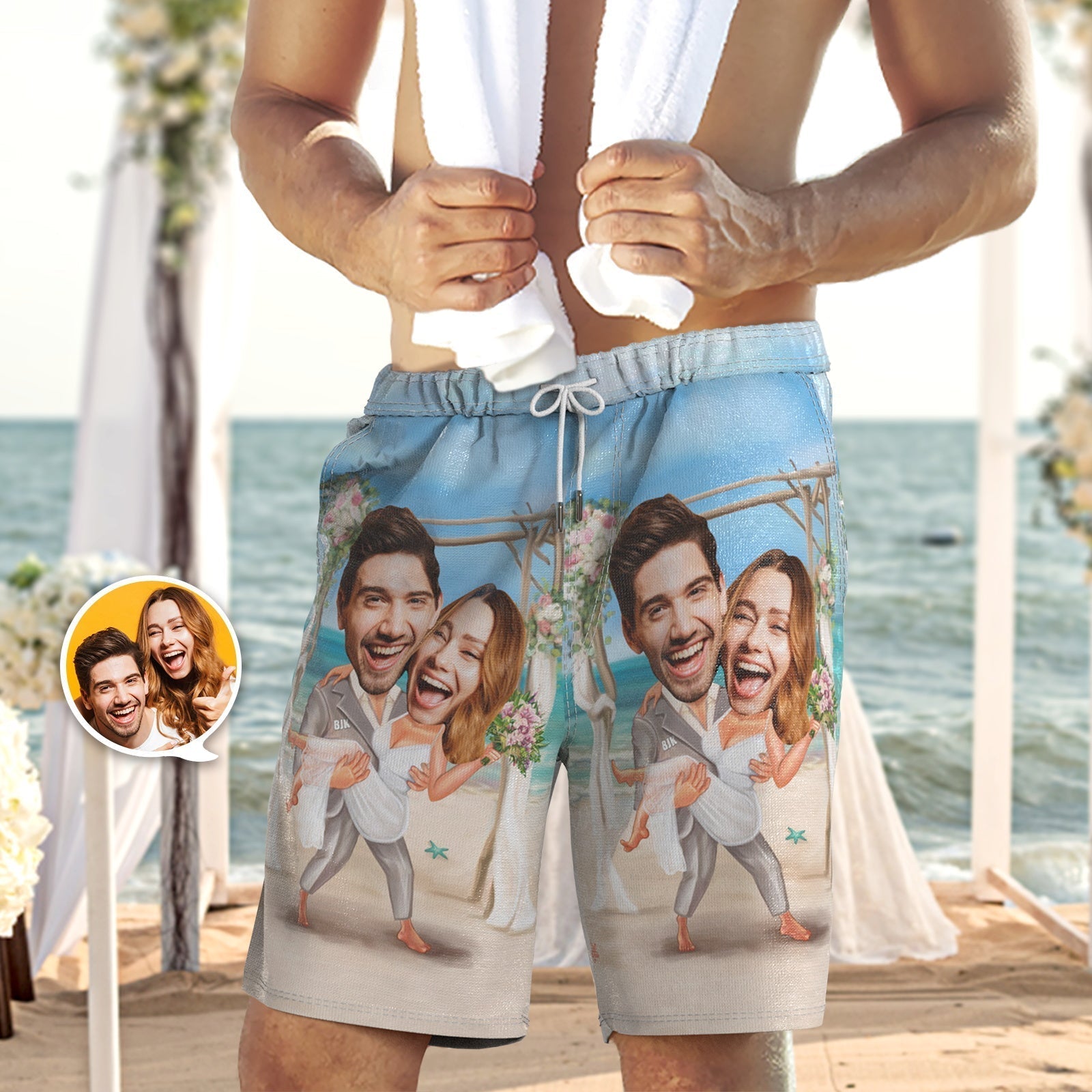 Custom Couple Face Beach Shorts Personalized Wedding Swim Trunks Funny Gifts For Boyfriend Wedding Gift