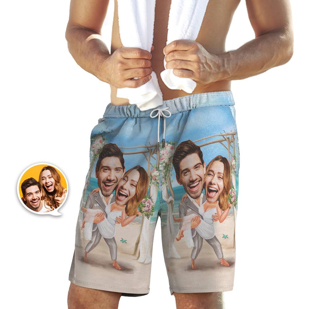 Custom Couple Face Beach Shorts Personalized Wedding Swim Trunks Funny Gifts For Boyfriend Wedding Gift