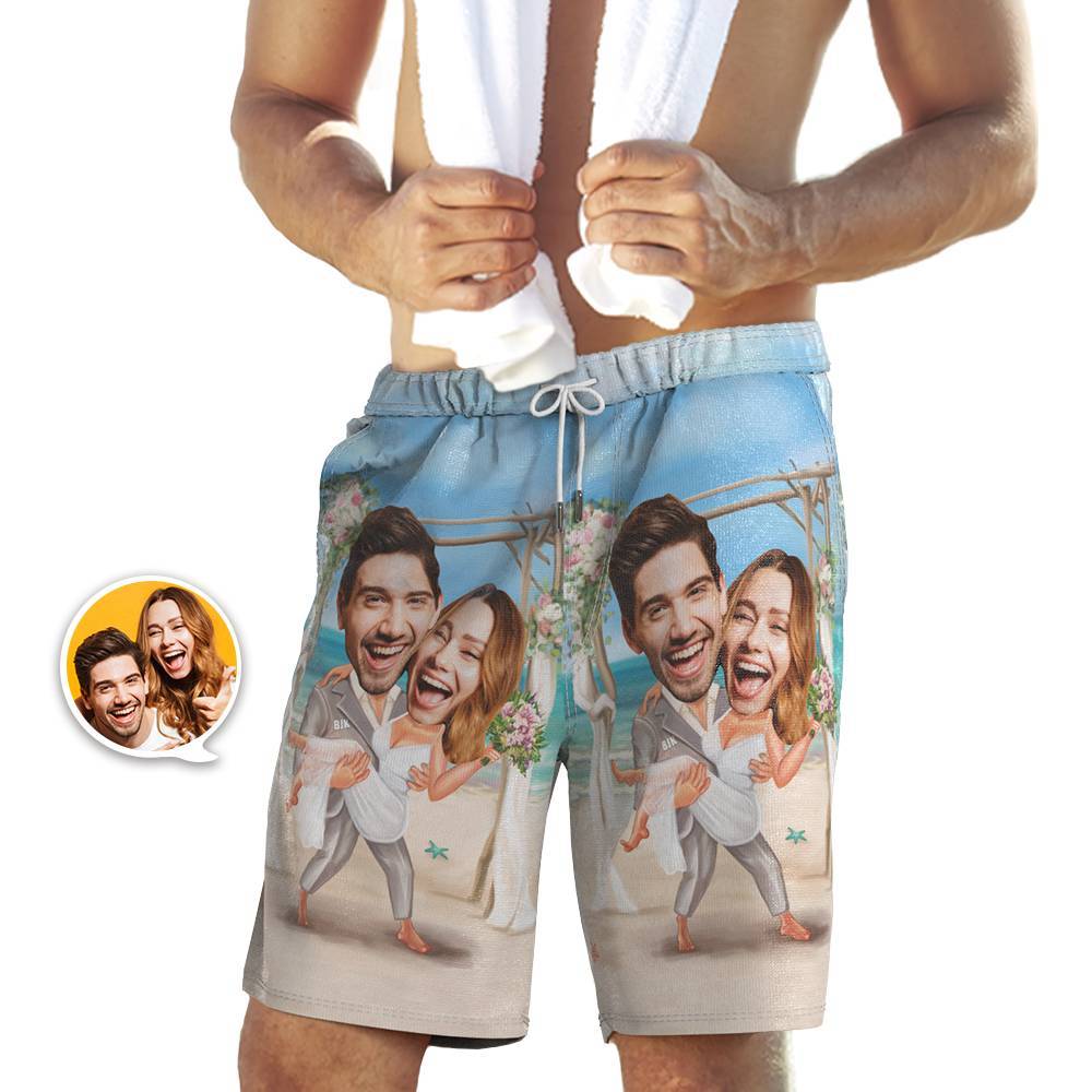 Custom Couple Face Beach Shorts Personalized Wedding Swim Trunks Funny Gifts For Boyfriend Wedding Gift - MyFaceBoxer