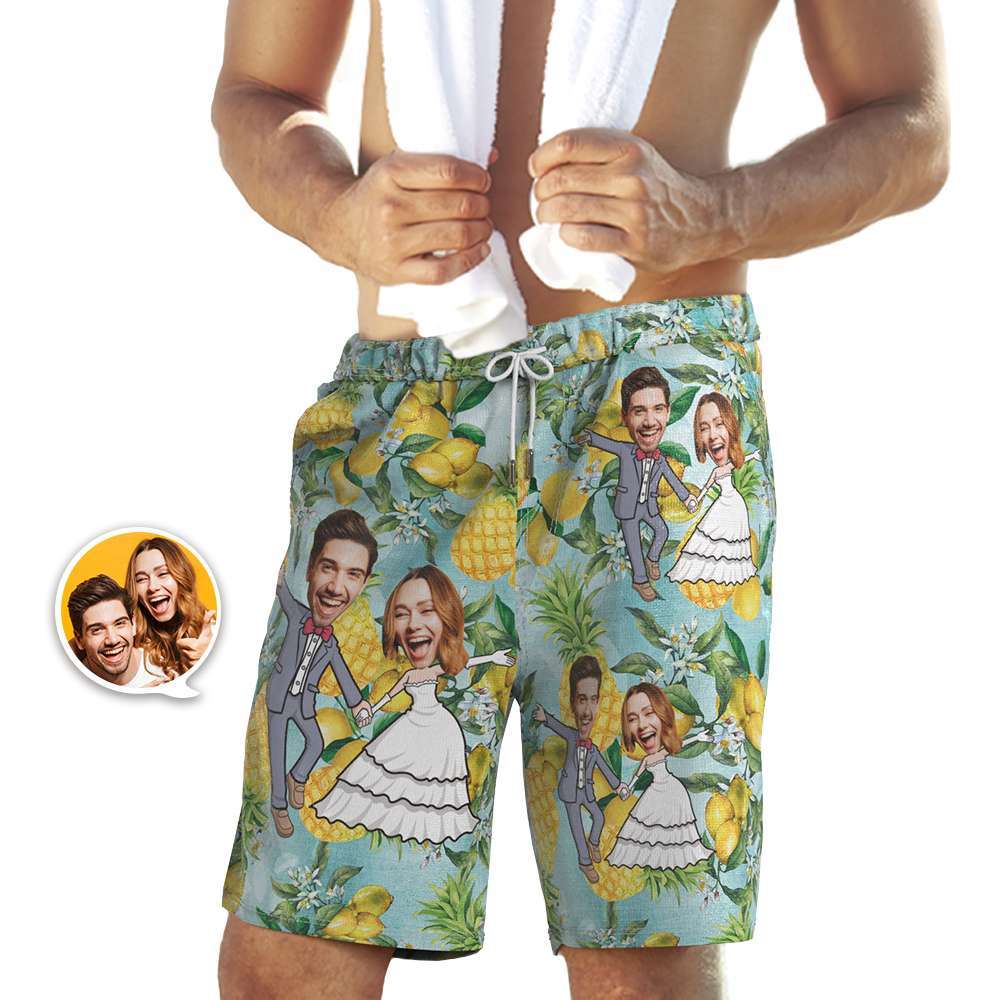 Custom Wedding Beach Shorts Funny Pineapple Couple Face Swim Trunks Wedding Gift - MyFaceBoxer