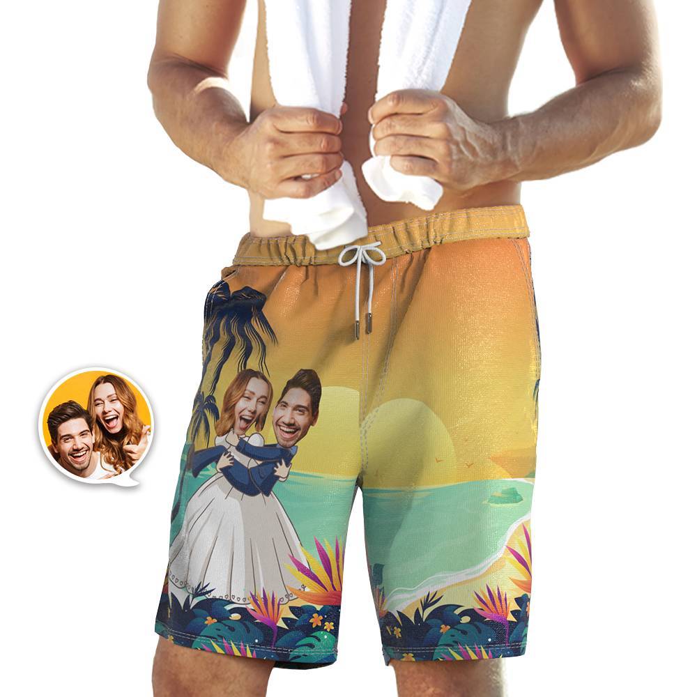 Personalized Beach Shorts Romantic Wedding Photo Swim Trunks Wedding Gift - MyFaceBoxer