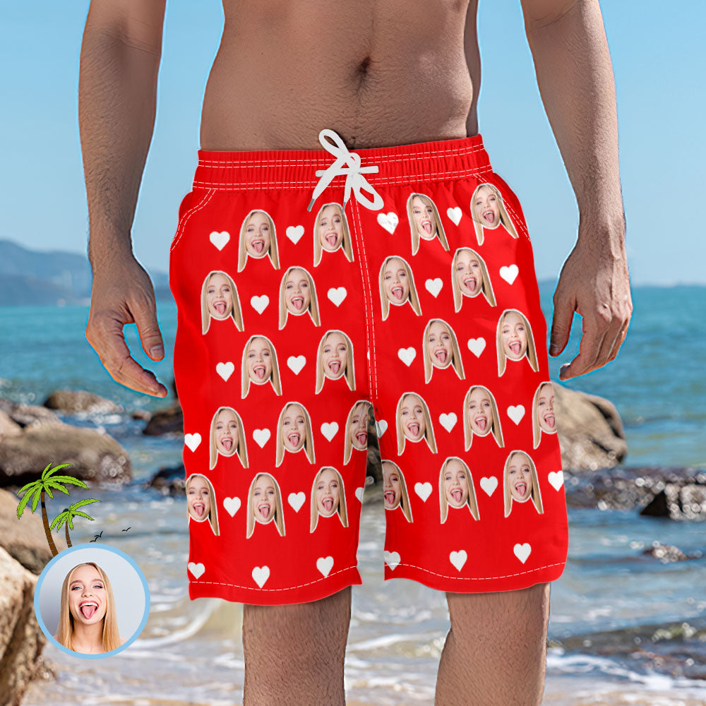 Men's Custom Heart Face Elastic Beach Short Photo Pants	 - MyFaceBoxer