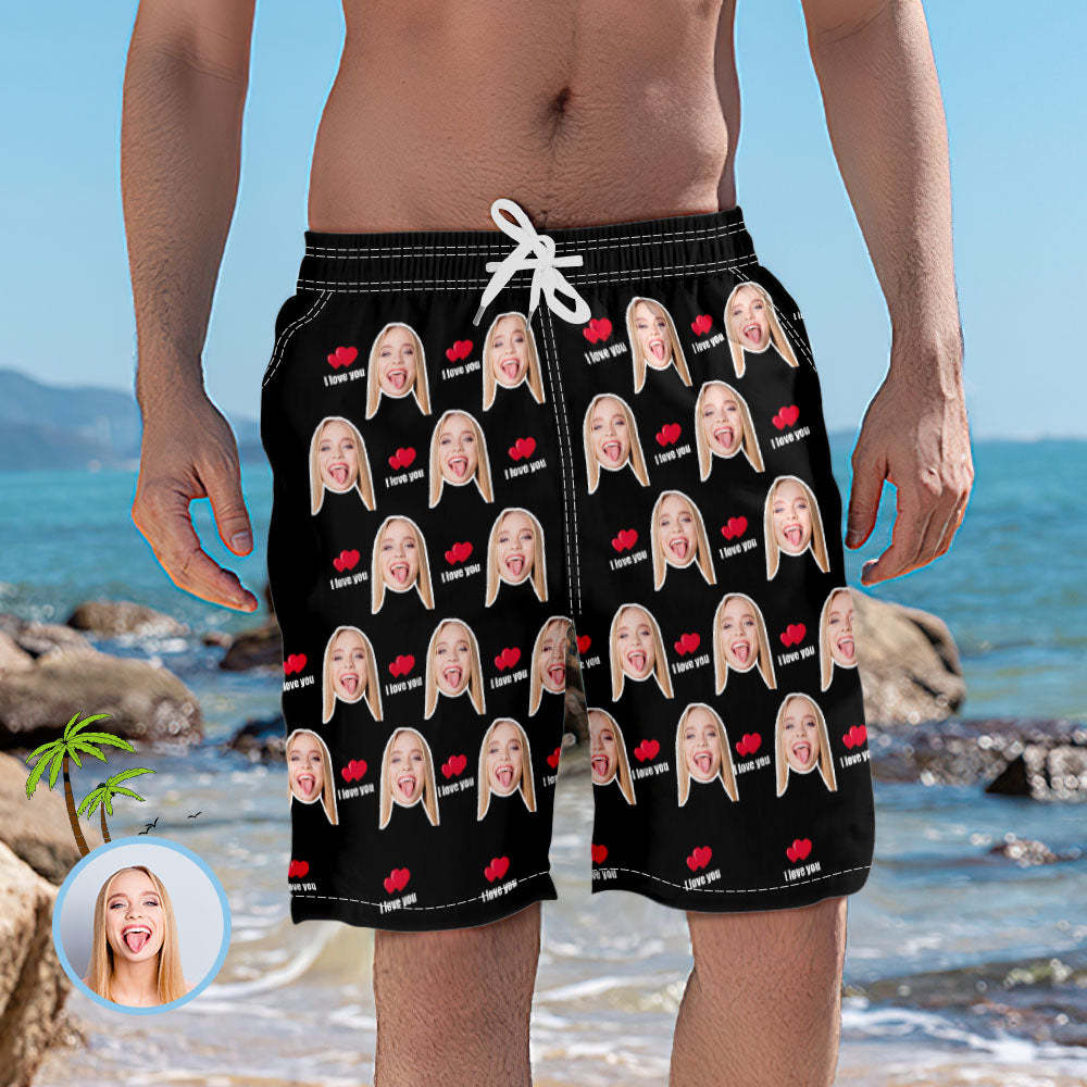 Men's Custom Face Elastic Beach Short Pants - I Love You - MyFaceBoxer