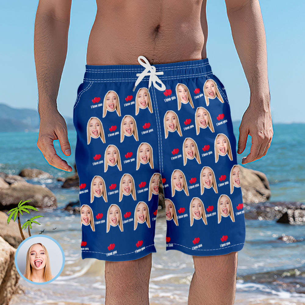 Men's Custom Face Elastic Beach Short Pants - I Love You - MyFaceBoxer