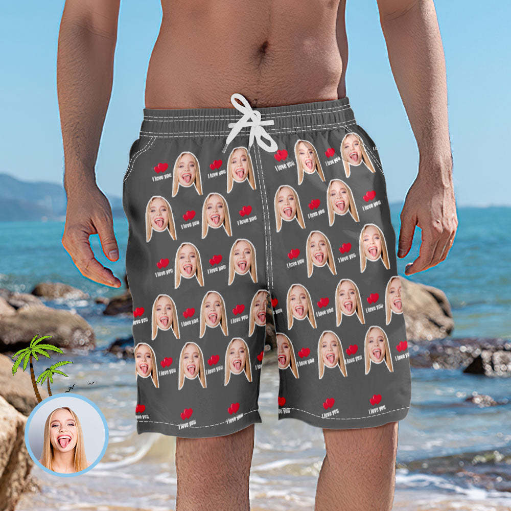 Men's Custom Face Elastic Beach Short Pants - I Love You - MyFaceBoxer