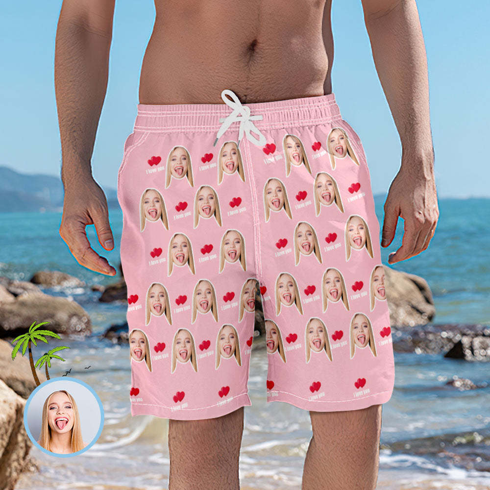 Men's Custom Face Elastic Beach Short Pants - I Love You - MyFaceBoxer