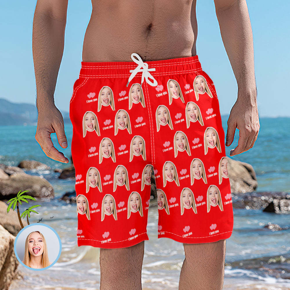 Men's Custom Face Elastic Beach Short Pants - I Love You - MyFaceBoxer