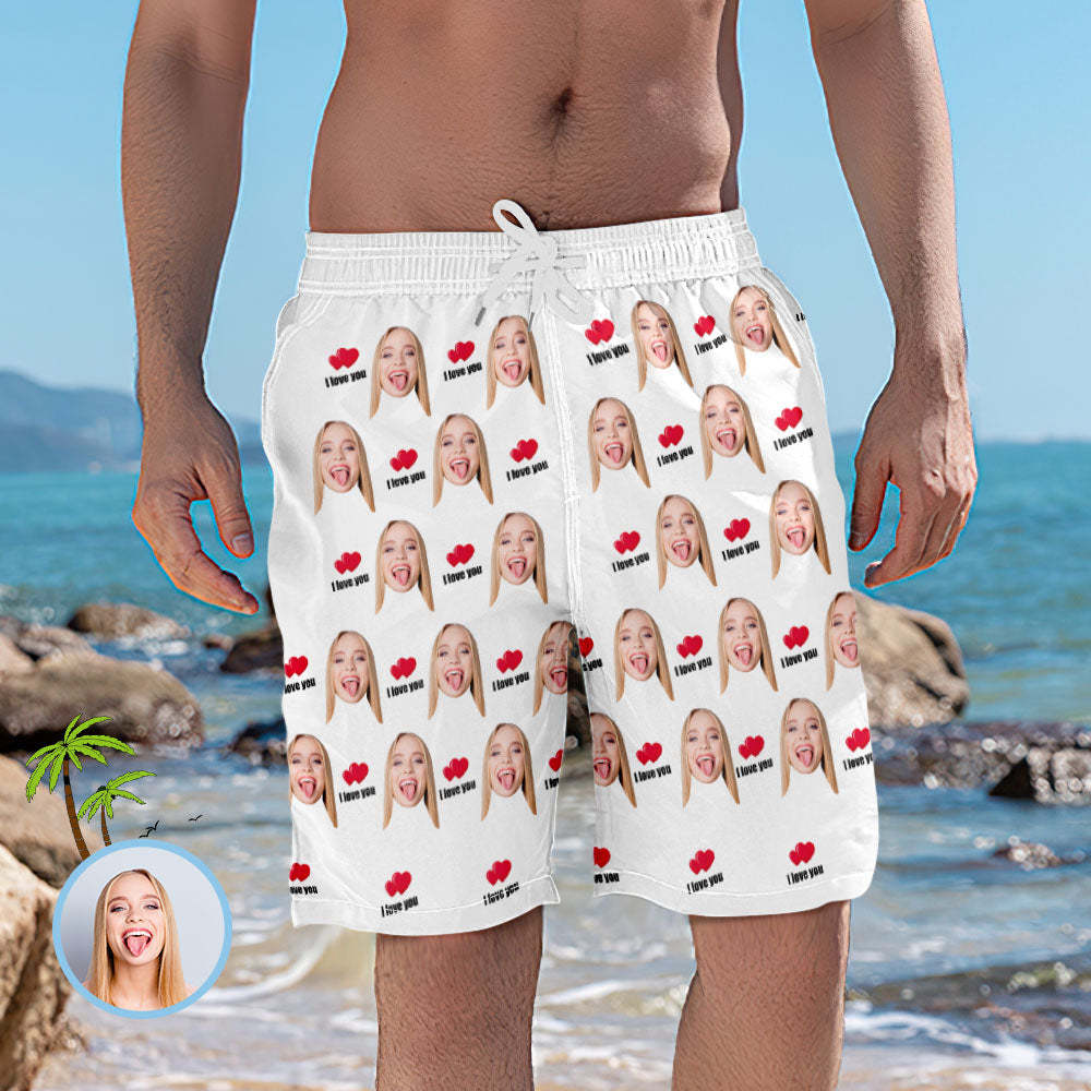 Men's Custom Face Elastic Beach Short Pants - I Love You - MyFaceBoxer