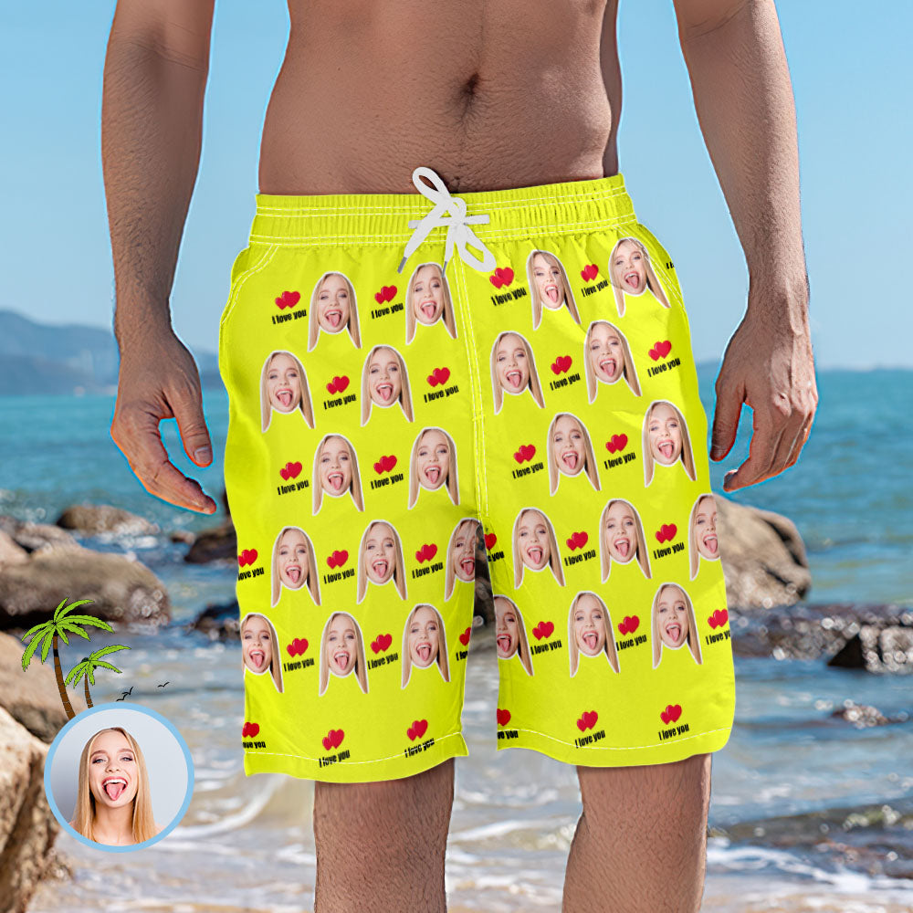 Men's Custom Face Elastic Beach Short Pants - I Love You	 - MyFaceBoxer