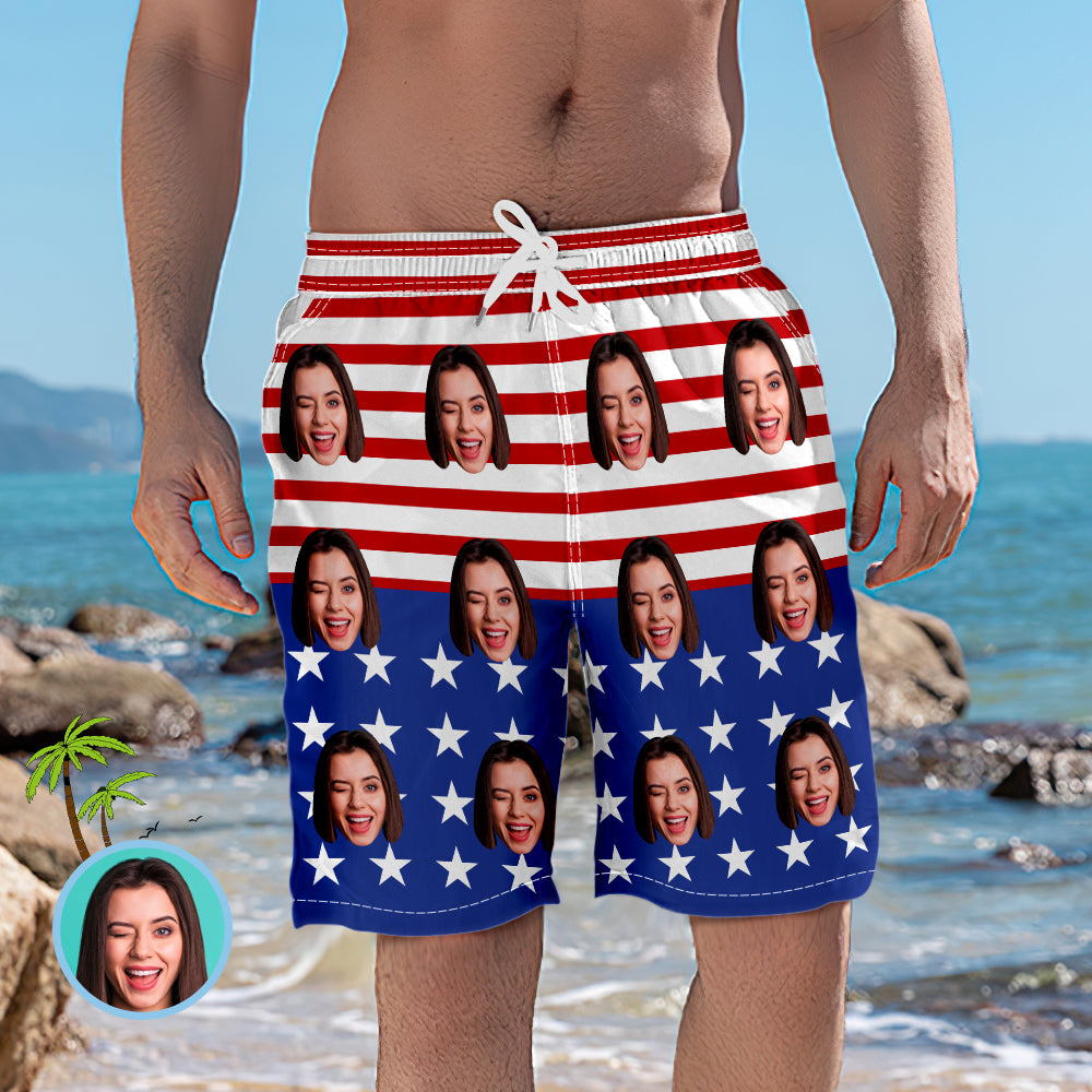 Face Swim Trunks Custom Face Stars Stripes Swim Trunks Men's Swim Trunks with Pictures - USA Flag
