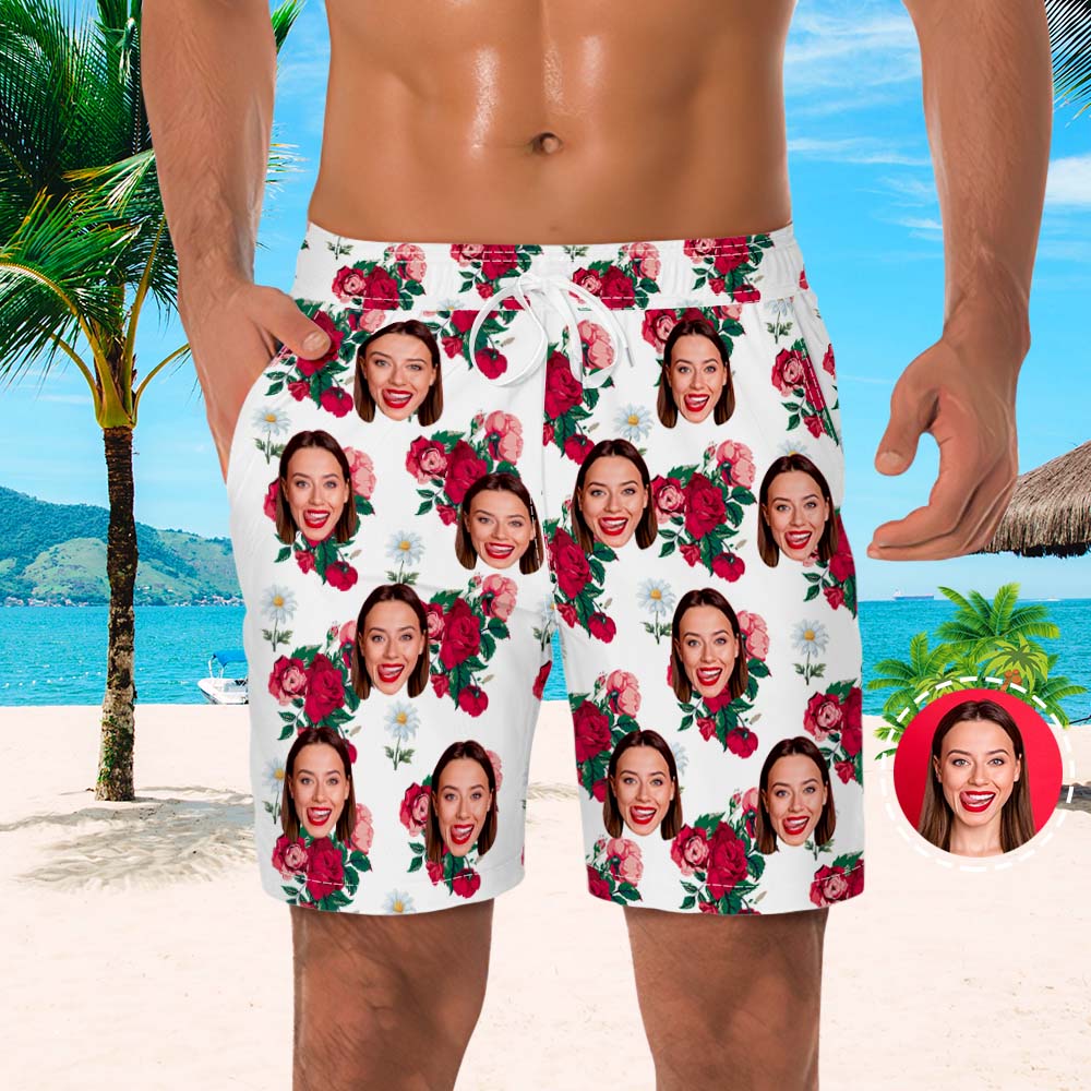 Men's Custom Face Beach Trunks All Over Print Photo Shorts Rose Flower - MyFaceBoxer