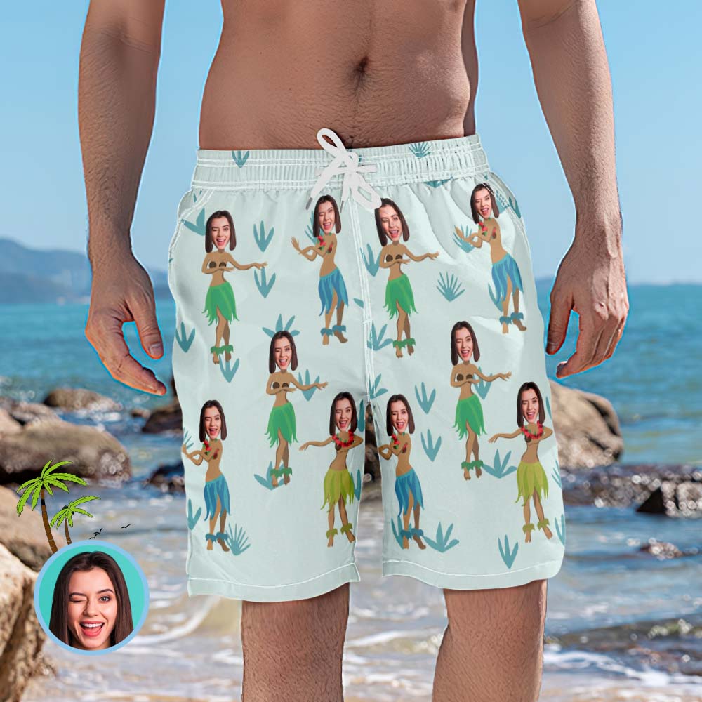 Father's Day Gifts Personalized Beach Shorts for Men Hula Style Custom Face Swim Trunks