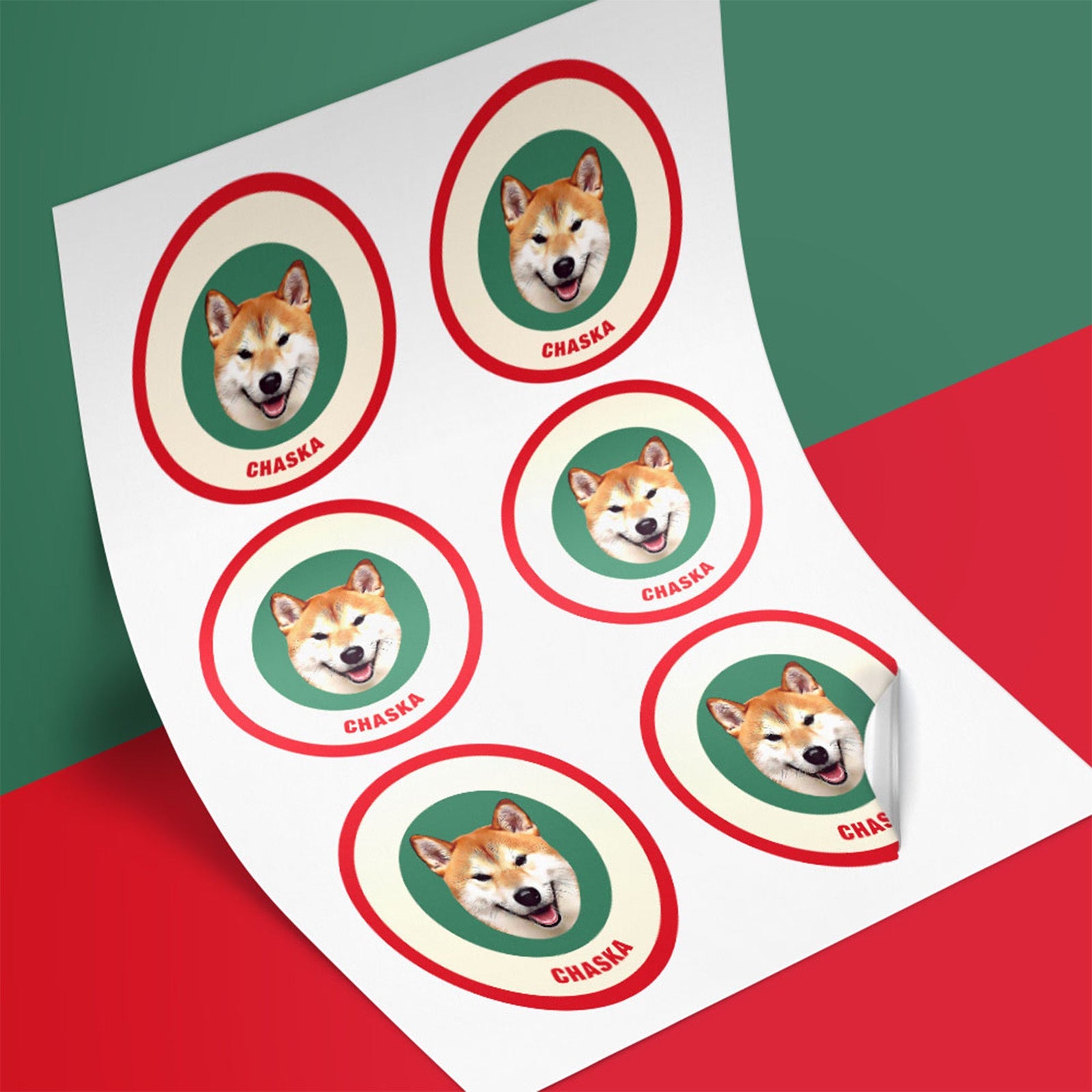 Custom Pet Face Sticker Personalized Face Photo Stickers for Pet Lover - Red & Green - MyFaceBoxer