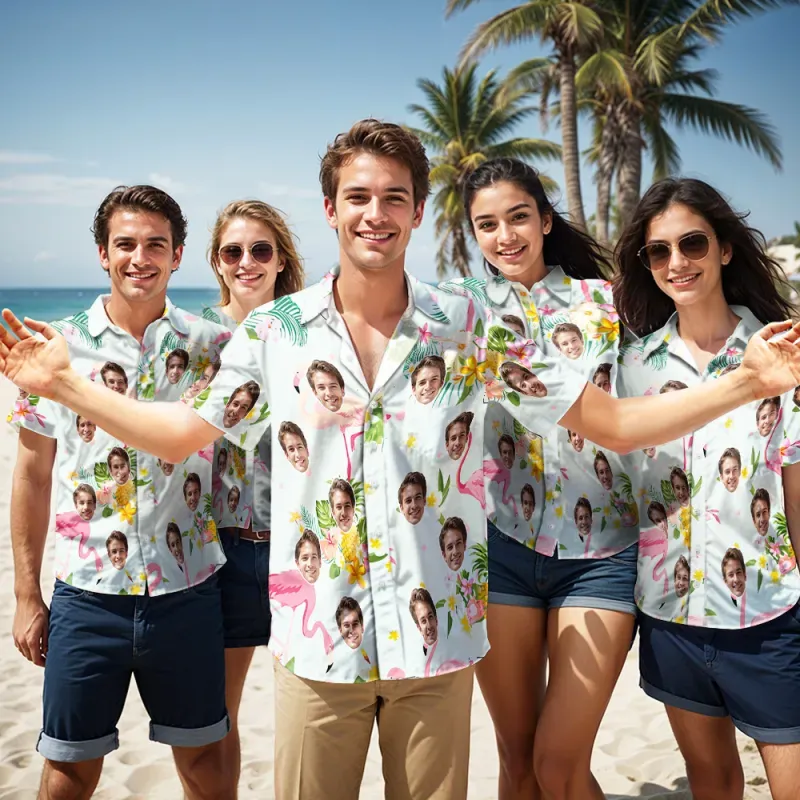 Custom Face Hawaiian Shirt Men's All Over Print Aloha Shirt Gift - Romantic Hawaiian and Flamingos