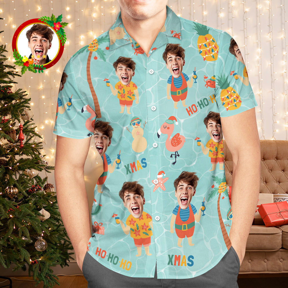 Custom Face Hawaiian Shirt Pineapple With Santa Claus Men's Christmas Shirts - MyFaceBoxer