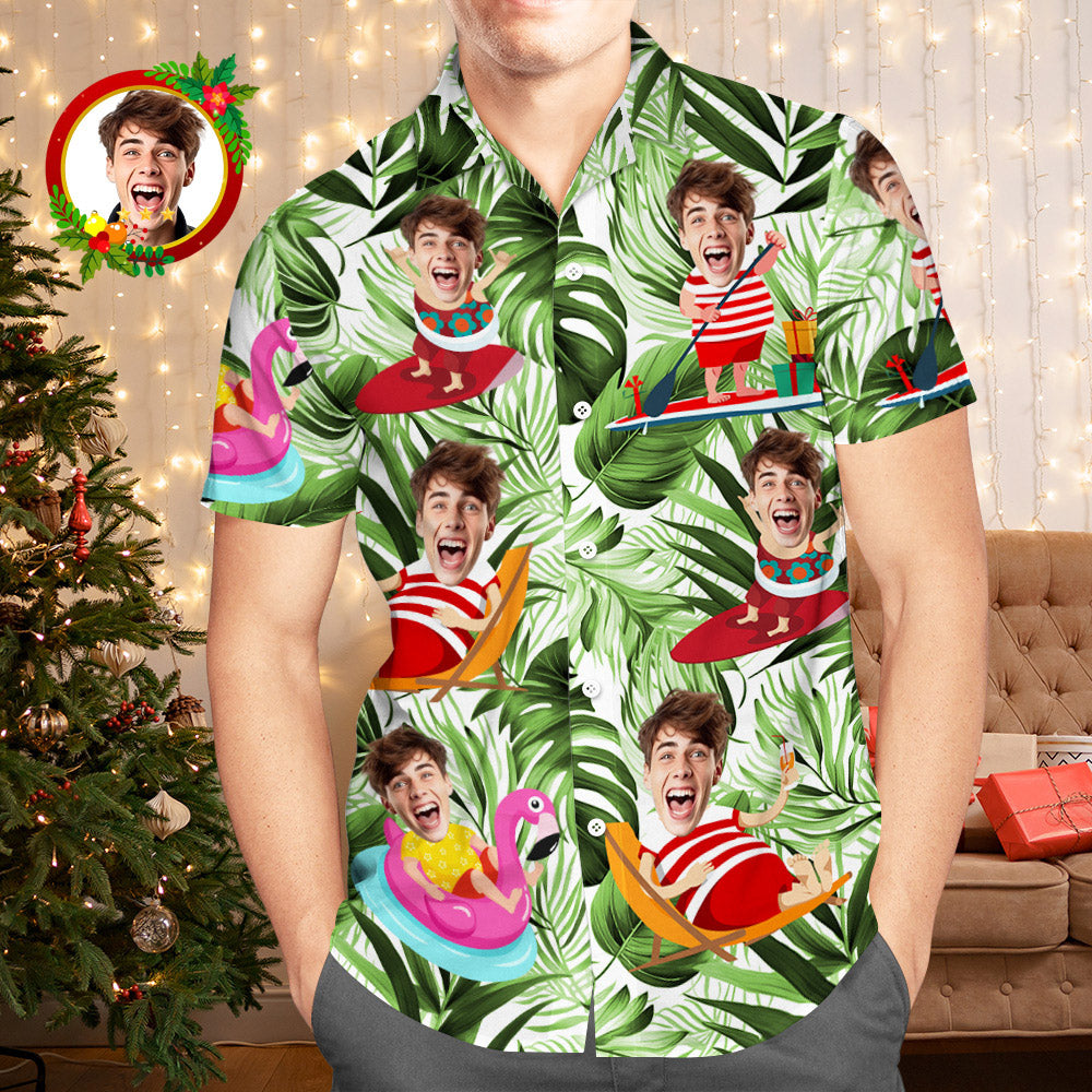 Custom Face Hawaiian Shirt Funny Tropical Aloha Beach Xmas Santa Claus Men's Christmas Shirts - MyFaceBoxer