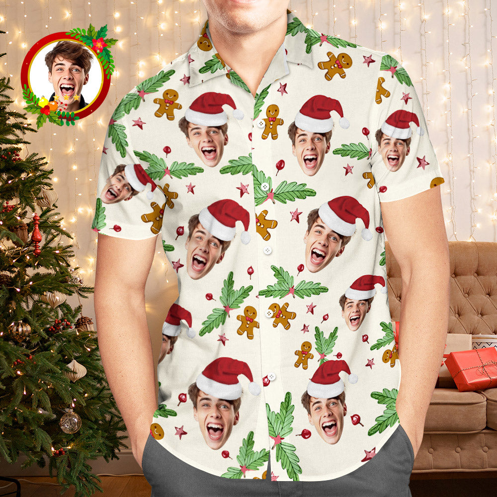 Custom Face Hawaiian Shirt Candy Cane Gingerbread Men's Christmas Shirts - MyFaceBoxer