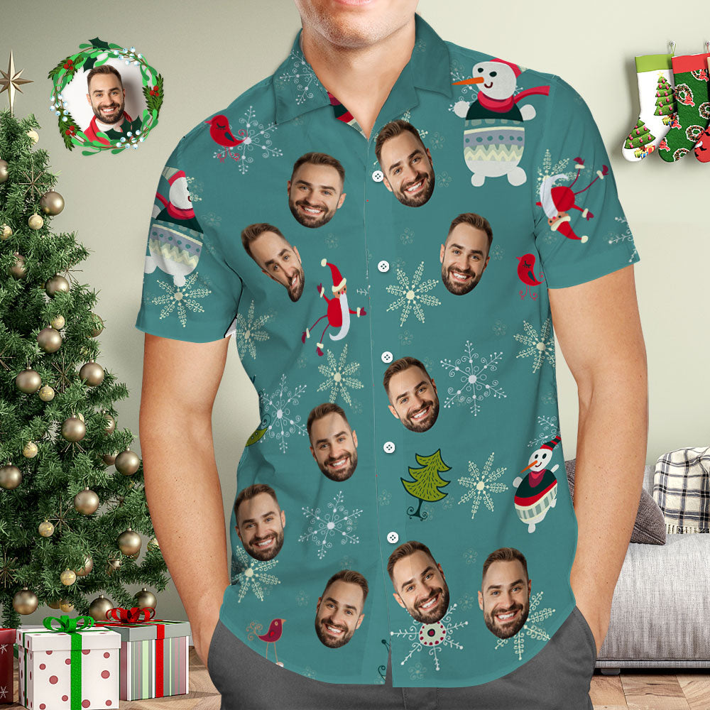 Custom Face Hawaiian Shirt Snowflakes and Snowmen Green Hawaiian Shirts Christmas Gift for Him - MyFaceBoxer