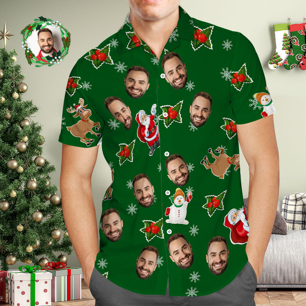 Custom Face Hawaiian Shirt Green Photo Hawaiian Shirts Santa Claus and Snowman Christmas Gift for Him - MyFaceBoxer