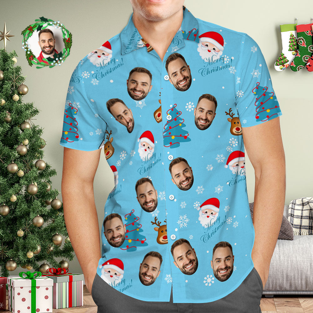 Custom Face Hawaiian Shirt Personalized Photo Blue Hawaiian Shirts Merry Christmas - MyFaceBoxer