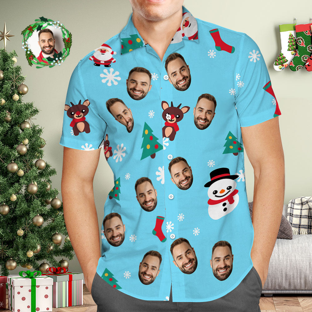 Custom Face Hawaiian Shirt Personalized Photo Blue Hawaiian Shirts Snowman and Elk Christmas Gift for Him - MyFaceBoxer