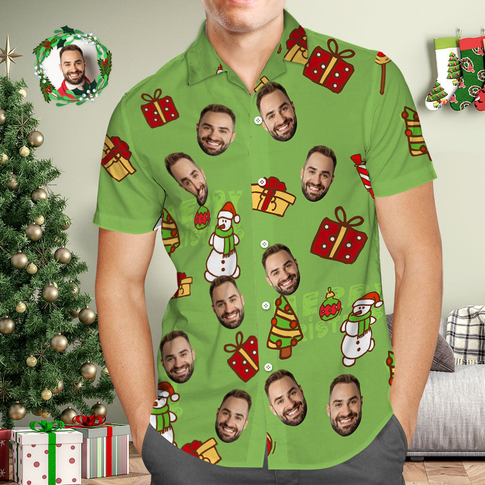 Custom Face Hawaiian Shirt Personalized Photo Green Hawaiian Shirts Snowman and Christmas Gift for Him - MyFaceBoxer