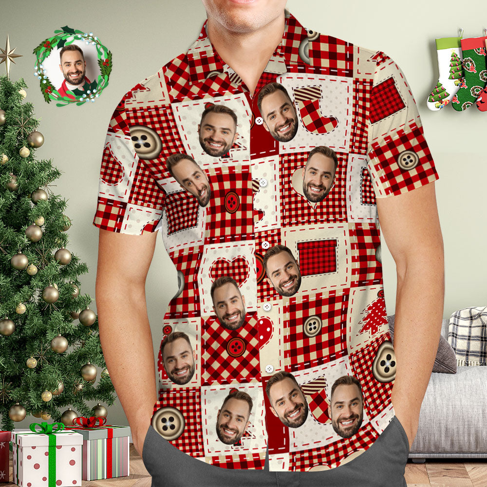 Custom Face Hawaiian Shirt Personalized Photo Christmas Plaid Hawaiian Shirts Christmas Gift for Him - MyFaceBoxer