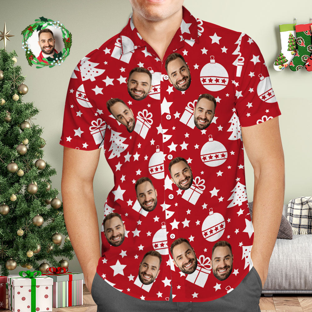 Custom Face Men's Hawaiian Shirt Personalized Photo Red Hawaiian Shirts Merry Christmas - MyFaceBoxer