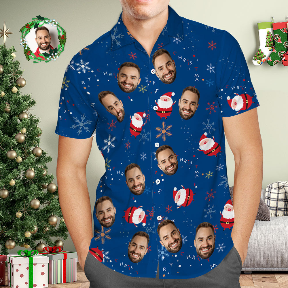 Custom Face Hawaiian Shirt Personalized Photo Blue Hawaiian Shirts Cute Santa Claus Merry Christmas - MyFaceBoxer