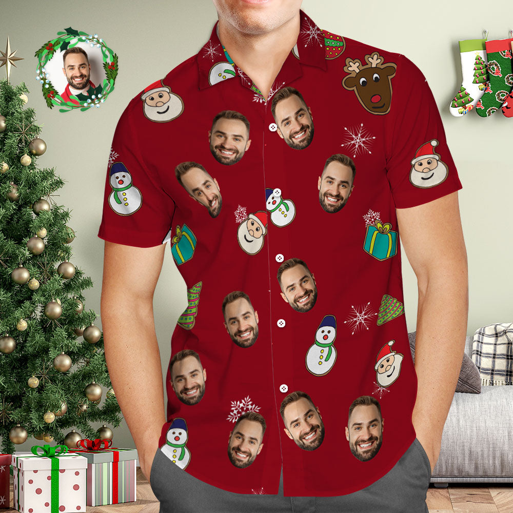 Custom Face Hawaiian Shirt Personalized Photo Red Hawaiian Shirts Santa Claus Merry Christmas - MyFaceBoxer