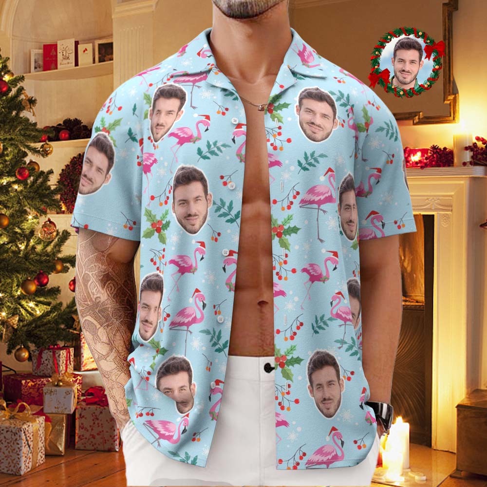 Custom Face All Over Print Men's Hawaiian Shirt Christmas Flamingo Seamless Pattern Hawaiian Shirt - MyFaceBoxer