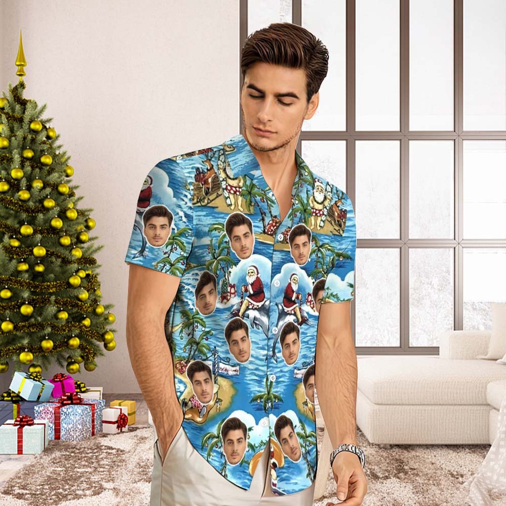 Custom Face Hawaiian Shirt Men's All Over Print Aloha Shirt christmas Gift - Santa's Vacation - MyFaceBoxer