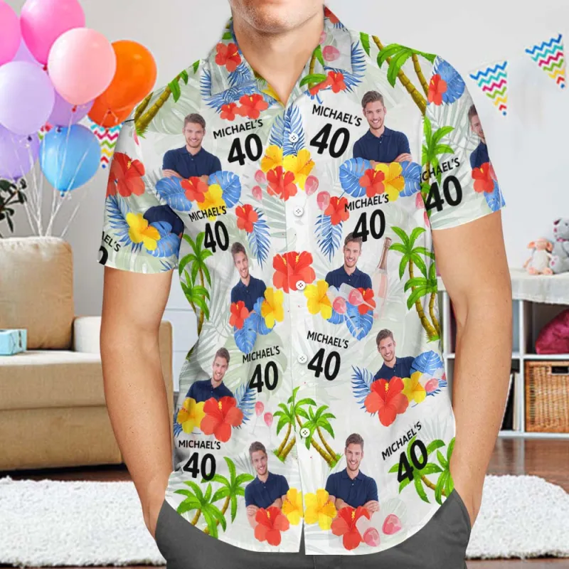 Custom Birthday Hawaiian Personalized Face Shirt Red Flower and Palm Tree Hawaiian Shirt