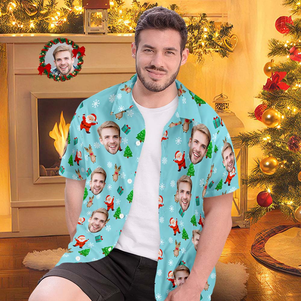 Custom Face Hawaiian Shirts Personalized Photo Gift Men's Christmas Shirts Cute Santa Claus and Reindeer - MyFaceBoxer
