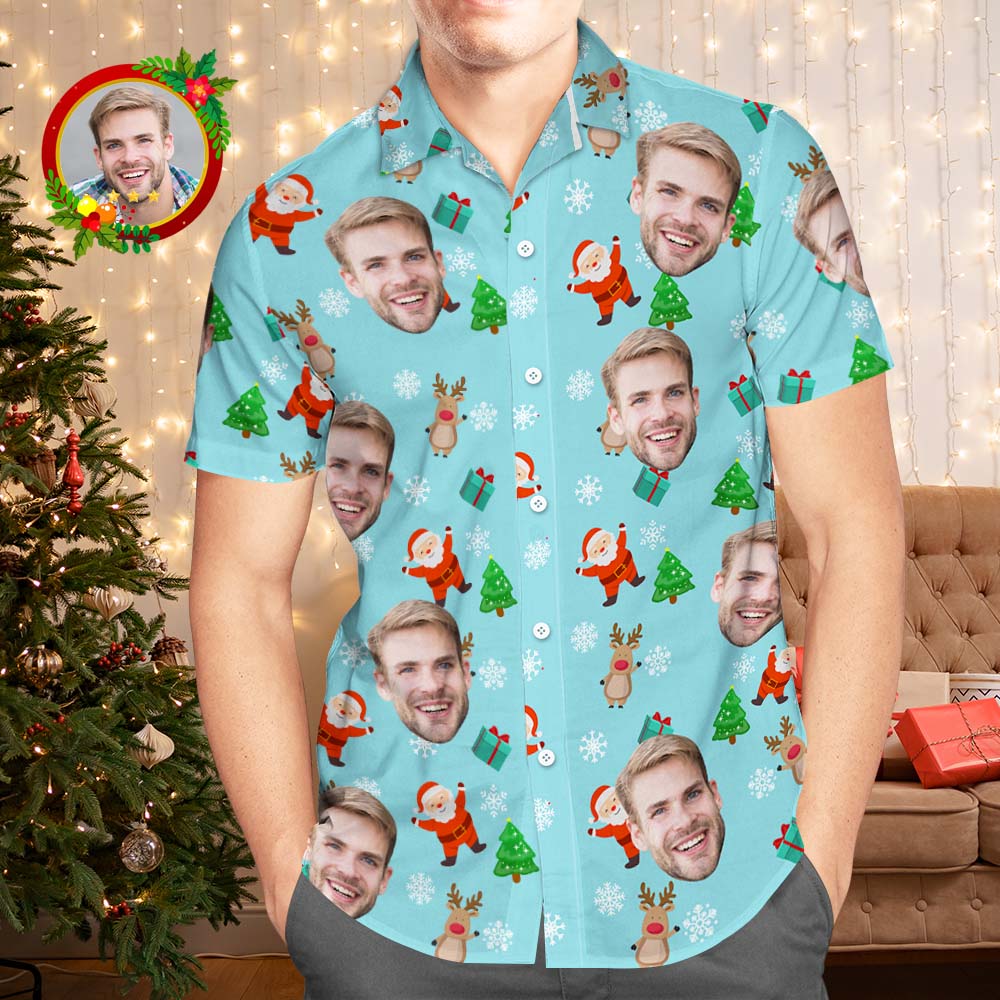 Custom Face Hawaiian Shirts Personalized Photo Gift Men's Christmas Shirts Cute Santa Claus and Reindeer - MyFaceBoxer