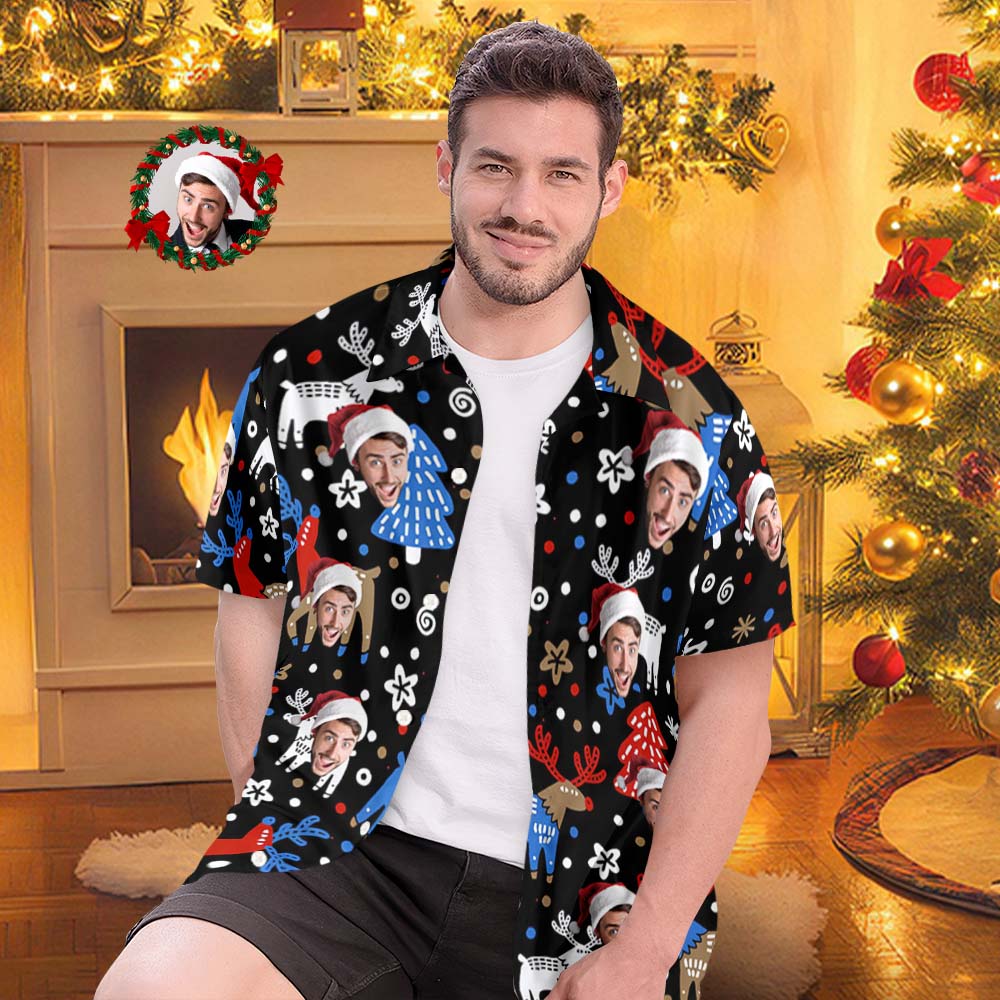 Custom Face Hawaiian Shirts Personalized Photo Gift Men's Christmas Shirts Christmas Reindeer - MyFaceBoxer