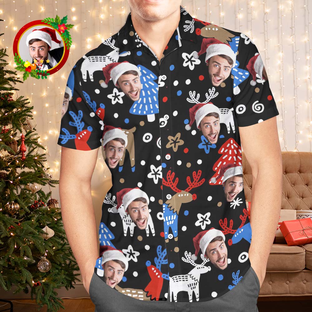 Custom Face Hawaiian Shirts Personalized Photo Gift Men's Christmas Shirts Christmas Reindeer - MyFaceBoxer