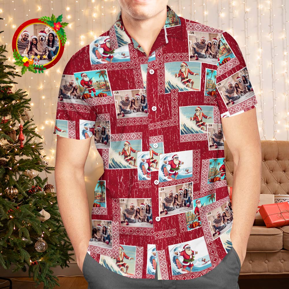 Custom Photo Hawaiian Shirts Personalized Photo Gift Men's Christmas Shirts Happy Family - MyFaceBoxer