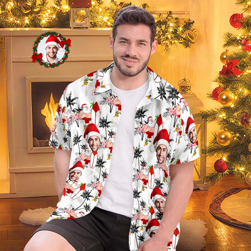 Custom Face Hawaiian Shirts Personalized Photo Gift Men's Christmas Shirts Vacation Santa and Flamingos - MyFaceBoxer