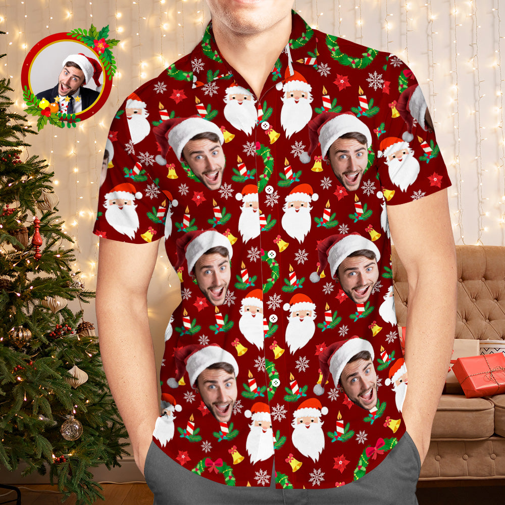 Custom Face Hawaiian Shirts Personalized Photo Gift Men's Christmas Shirts Merry Christmas Gift - MyFaceBoxer