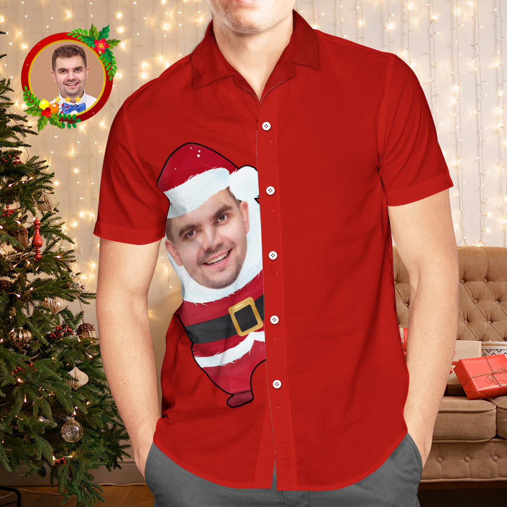 Custom Face Hawaiian Shirts Personalized Photo Gift Men's Christmas Shirts Santa Claus Red Shirt - MyFaceBoxer