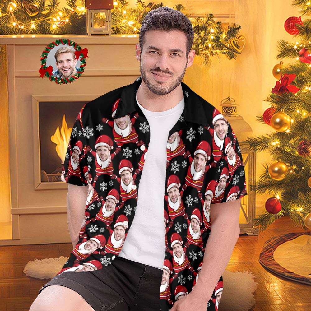 Custom Face Hawaiian Shirts Personalized Photo Gift Men's Christmas Shirts Santa Claus and Snowflake - MyFaceBoxer