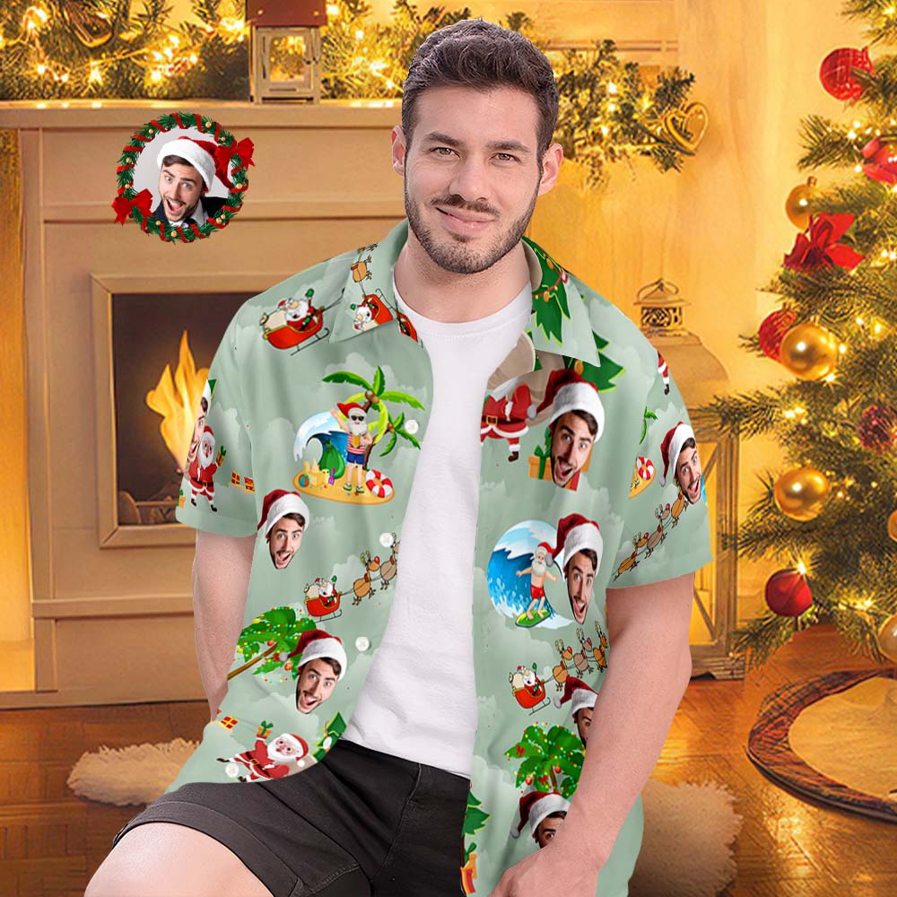 Custom Face Hawaiian Shirts Personalized Photo Gift Men's Christmas Shirts Surfing Vacation Santa - MyFaceBoxer