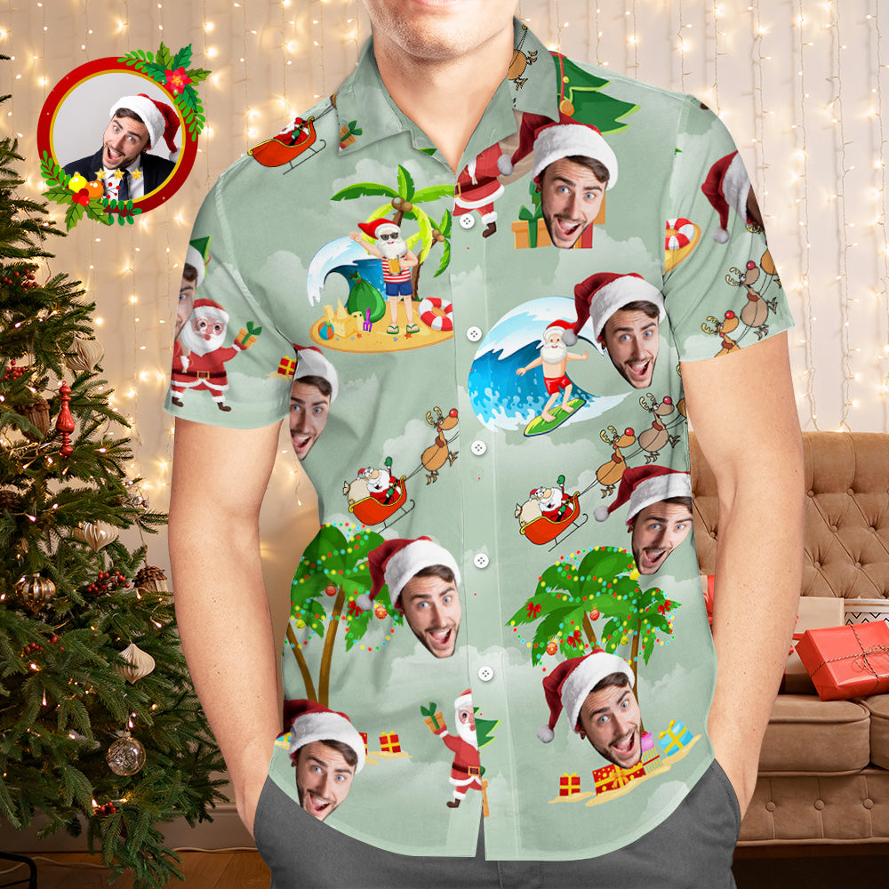 Custom Face Hawaiian Shirts Personalized Photo Gift Men's Christmas Shirts Surfing Vacation Santa - MyFaceBoxer