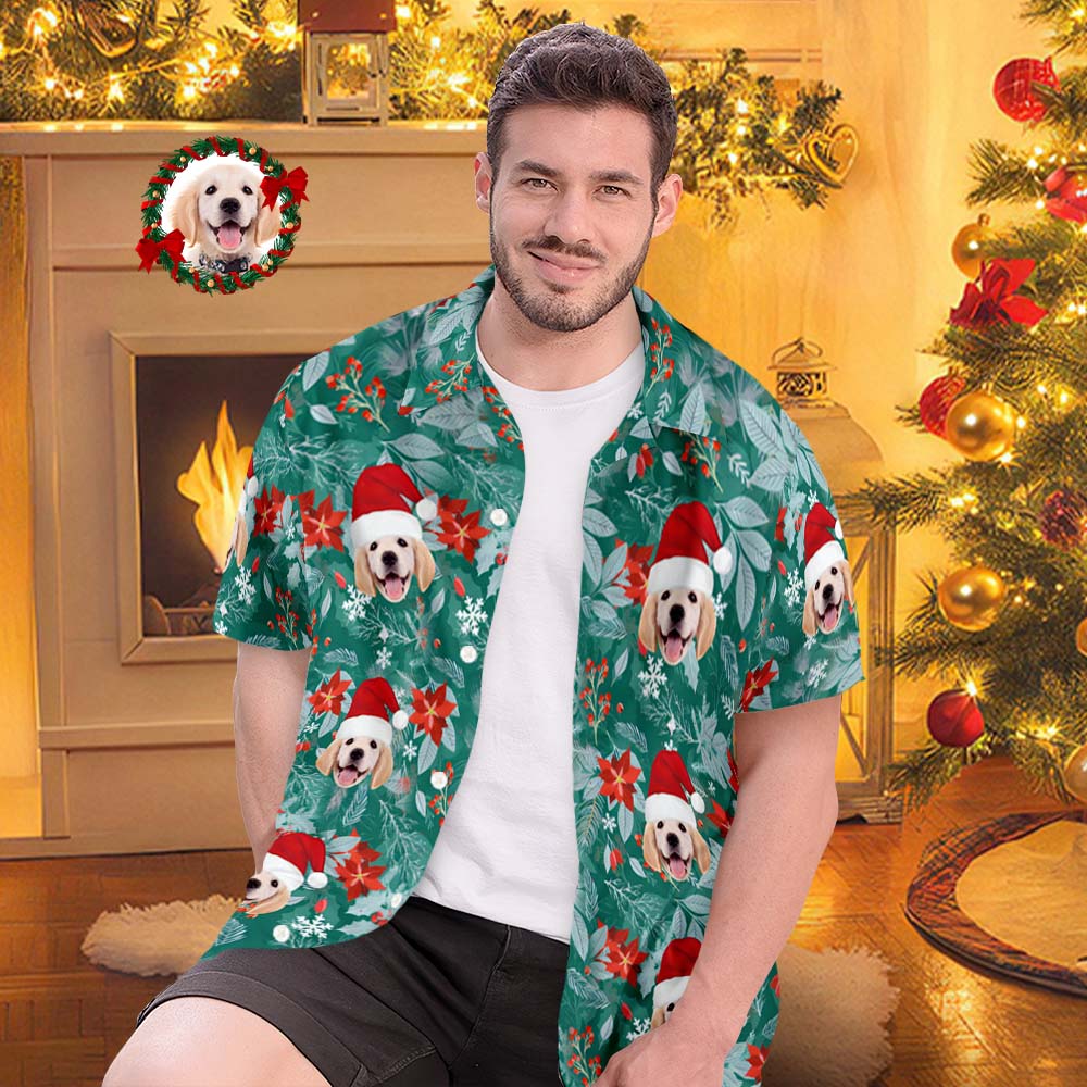 Custom Face Hawaiian Shirts Personalized Photo Gift Men's Christmas Shirts Hawaiian Leaves Green - MyFaceBoxer