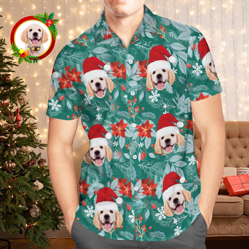 Custom Face Hawaiian Shirts Personalized Photo Gift Men's Christmas Shirts Hawaiian Leaves Green - MyFaceBoxer
