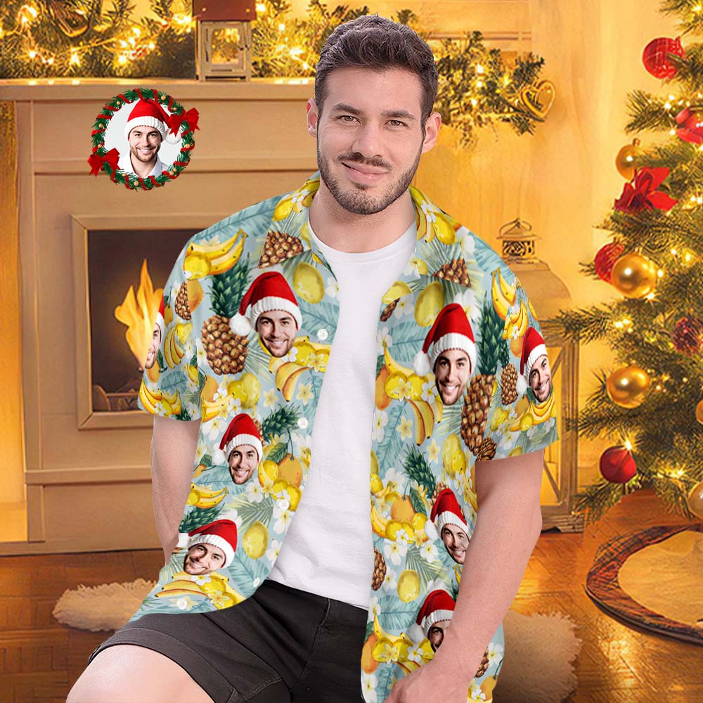 Custom Face Hawaiian Shirts Personalized Photo Gift Men's Christmas Shirts Tropical Fruits - MyFaceBoxer