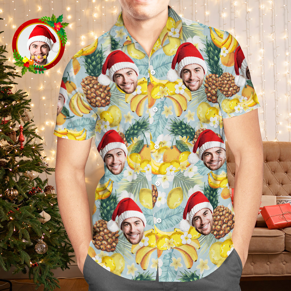 Custom Face Hawaiian Shirts Personalized Photo Gift Men's Christmas Shirts Tropical Fruits - MyFaceBoxer